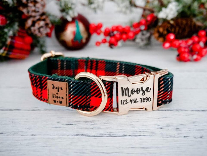 Christmas plaid dog collar/ Personalized Laser Engraved Dog Collar