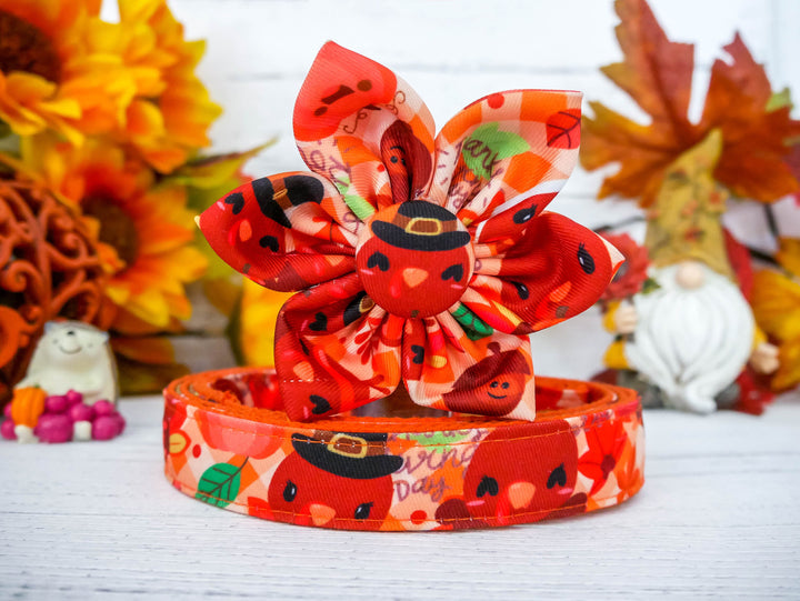 Thanksgiving dog collar with flower - plaid turkeys