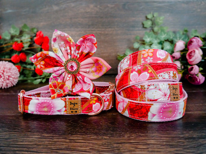 Pink Girl dog collar with flower, tropical floral dog collar, japanese puppy collar, medium large dog collar, female small dog collar, red collar
