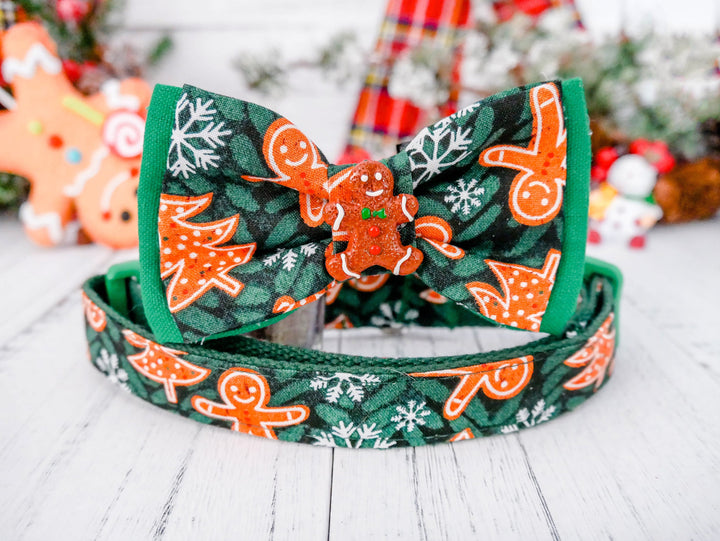 Christmas dog collar bow tie - gingerbread and snowflake