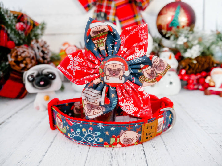 Christmas dog collar with flower - Pug