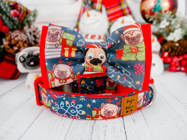 Christmas pug dog collar bow tie/ cute boy dog collar