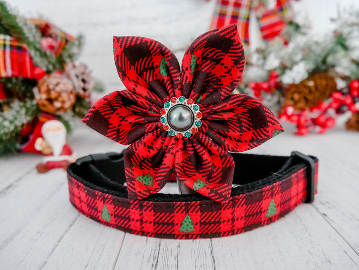 Christmas dog collar with flower - buffalo plaid and Christmas trees