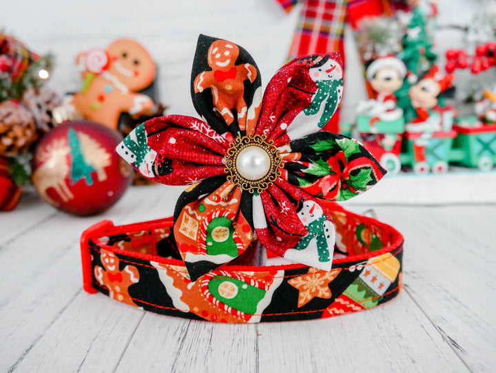 Christmas dog collar with flower - glitter gingerbread