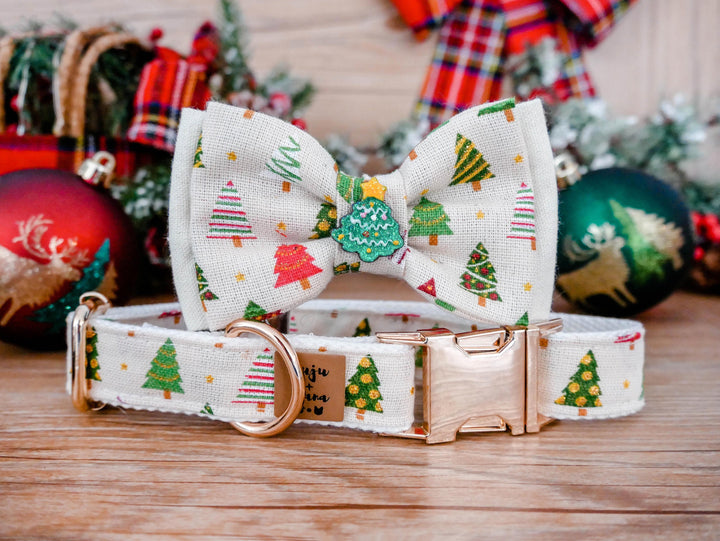 Christmas tree dog collar bow tie - white Christmas trees