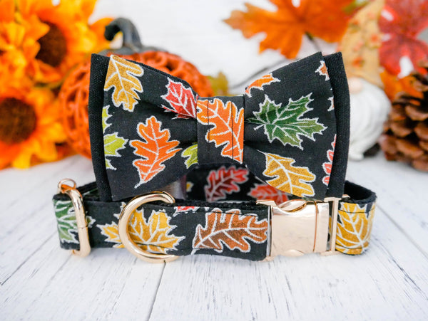 Dog collar with bow tie - Glitter Autumn leaves
