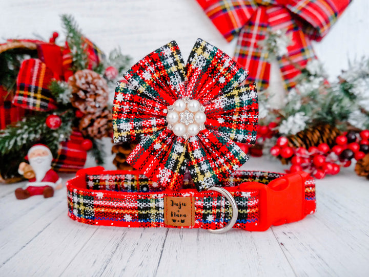 Christmas dog flower collar leash set - red snowflake plaid