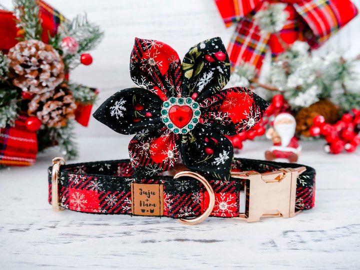Christmas plaid dog flower collar leash set, Girl holiday dog collar, collar and leash, Glitter snowflake dog collar, red black dog collar