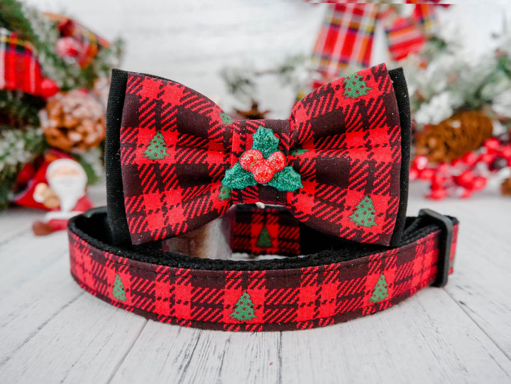 Christmas dog collar bow tie - buffalo plaid and Christmas trees