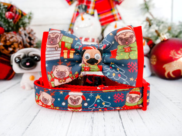Christmas dog collar with bow tie - Pug