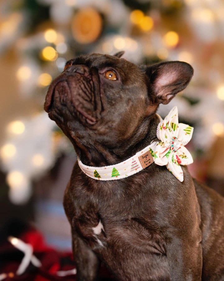 Christmas dog collar with flower - white Christmas trees