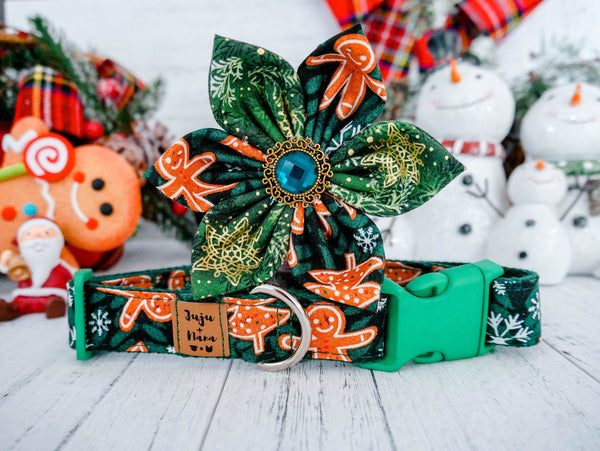 Christmas dog collar with flower - gingerbread men