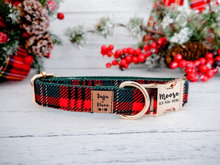 Christmas plaid dog collar/ Personalized Laser Engraved Dog Collar
