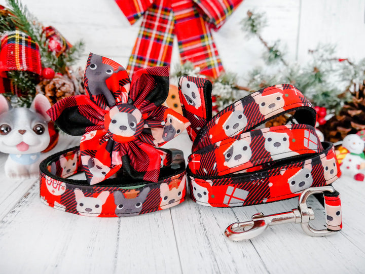 Dog harness set - Christmas plaid French bulldog