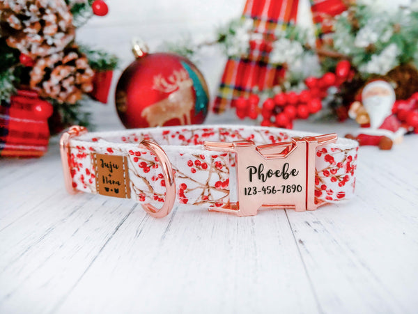 White Christmas dog collar/ Personalized Laser Engraved buckle Dog Collar