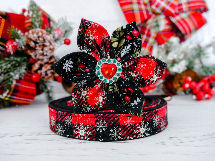 Christmas dog flower collar leash set - Glitter Buffalo Plaid