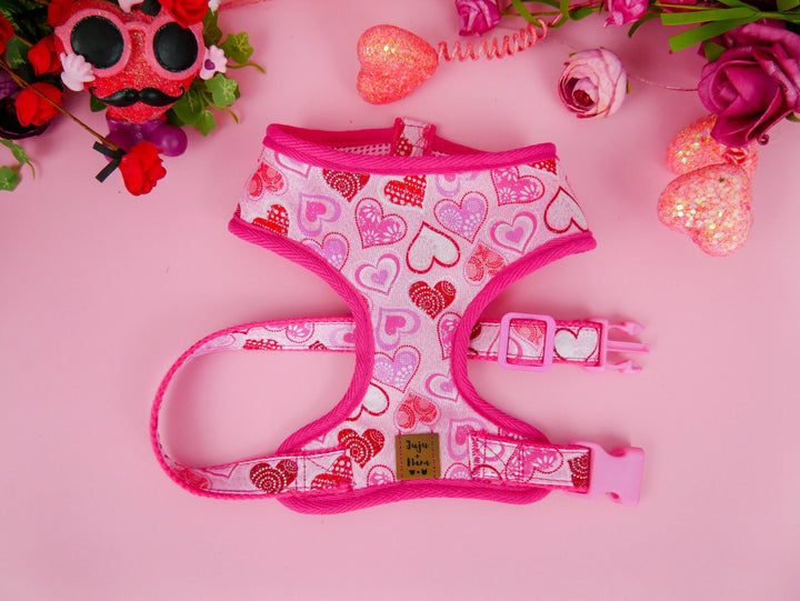 pink hearts dog harness leash set/ girl valentine dog harness vest/ cute custom dog harness and leash/ small medium dog harness/ puppy harne