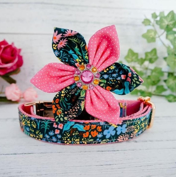 dog collar with flower - Meadow Black
