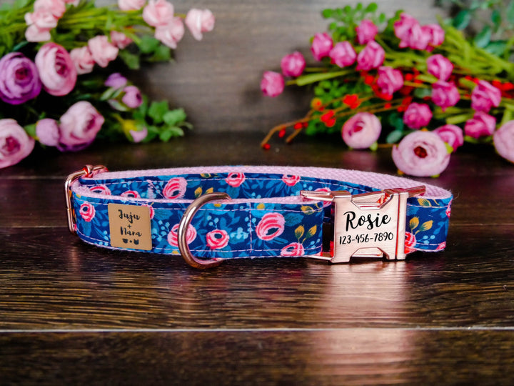 Laser engraved buckle dog collar/ personalized dog collar/ Girl Floral collar/ rifle paper co collar/ pink rosa flower dog collar/ custom