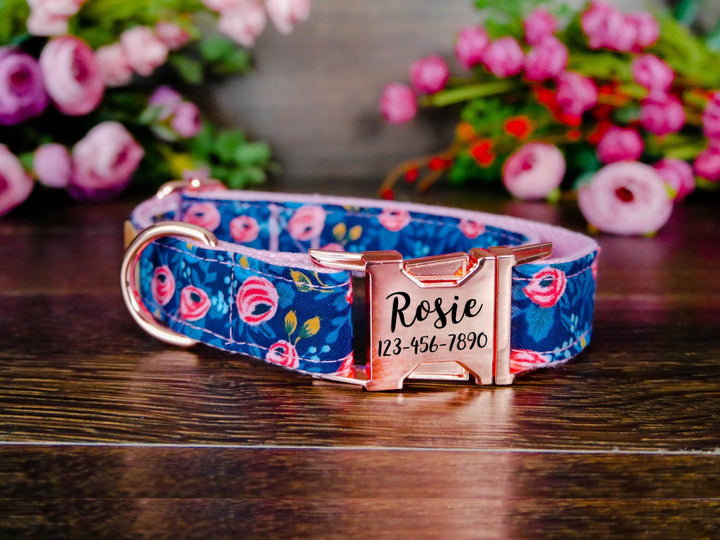Laser engraved buckle dog collar/ personalized dog collar/ Girl Floral collar/ rifle paper co collar/ pink rosa flower dog collar/ custom