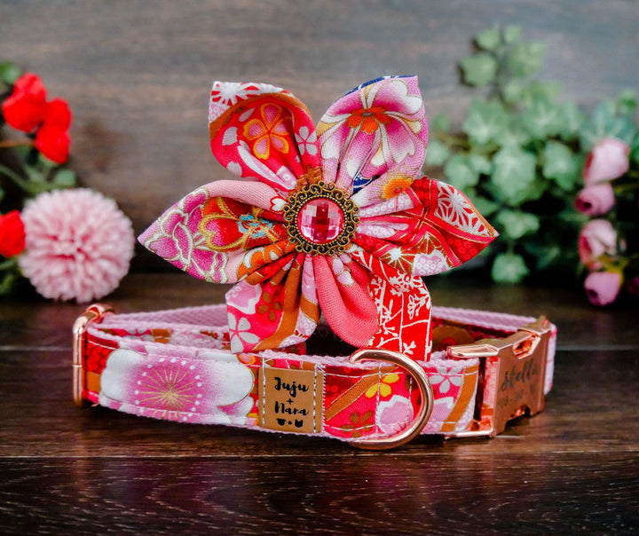 Pink Girl dog collar with flower, tropical floral dog collar, japanese puppy collar, medium large dog collar, female small dog collar, red collar