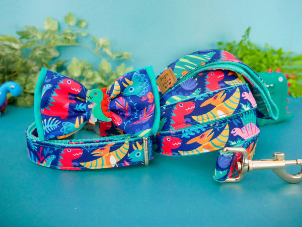 Dinosaur dog bow tie collar leash set