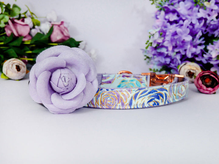 Dog collar with flower - purple glitter rose