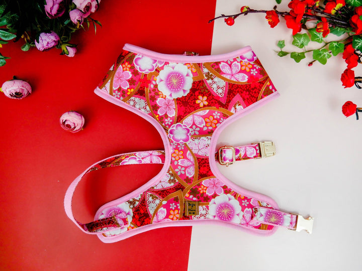 floral girl dog harness vest/ Japanese kimono flower dog harness/ custom puppy harness/ small medium dog harness/ pink fabric harness