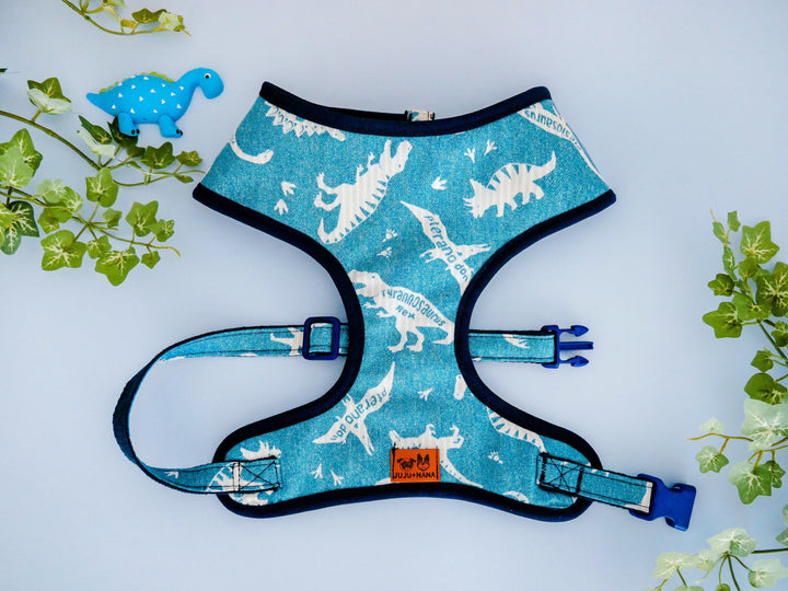 Dinosaur blue dog harness/ boy girl dog harness vest/ cute designer dog harness/ small medium dog harness/ custom puppy fabric harness