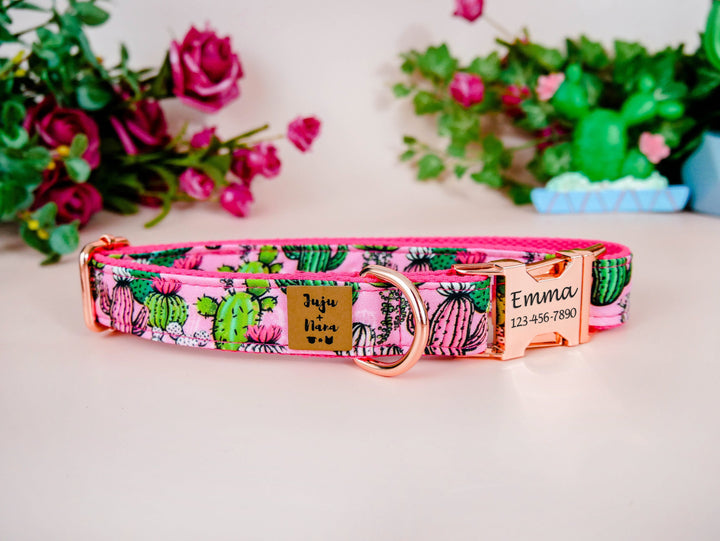 Cactus succulent dog collar/ Engraved buckle Collar/ girl floral dog collar/ personalized collar/ pink boho dog collar/ large small collar