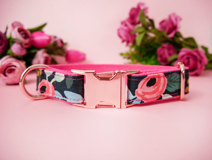 Floral girl dog collar/ Rifle paper co collar/ rose flower dog collar/ black pink collar/ designer boho collar/ large small puppy collar