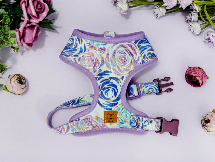 Rose floral dog harness set/ girl flower dog harness and leash/ custom dog harness lead/ small puppy medium dog harness vest/ fabric harness