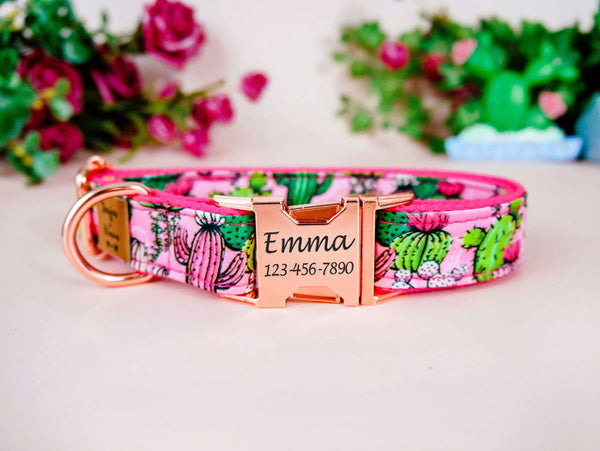 Cactus succulent dog collar/ Engraved buckle Collar/ girl floral dog collar/ personalized collar/ pink boho dog collar/ large small collar