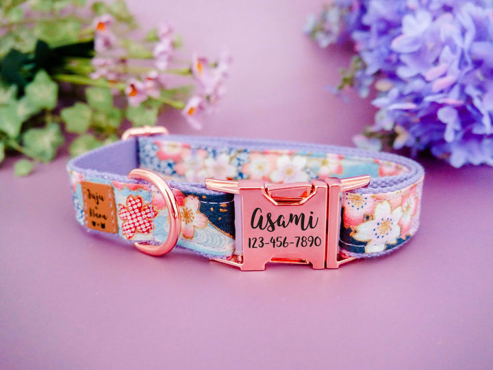girl floral dog collar/ personalized dog collar/ Laser engraved buckle dog collar/ japanese kimono Flower dog collar/ purple custom collar