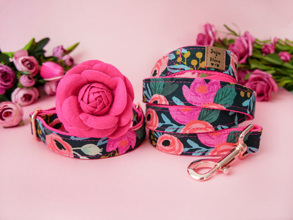dog flower collar leash set - Rosa black
