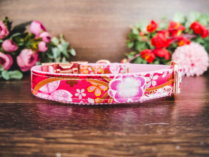 Japanese kimono floral dog collar/ designer Girl dog collar/ large flower dog collar/ Puppy Small medium dog collar/ fabric pink dog collar