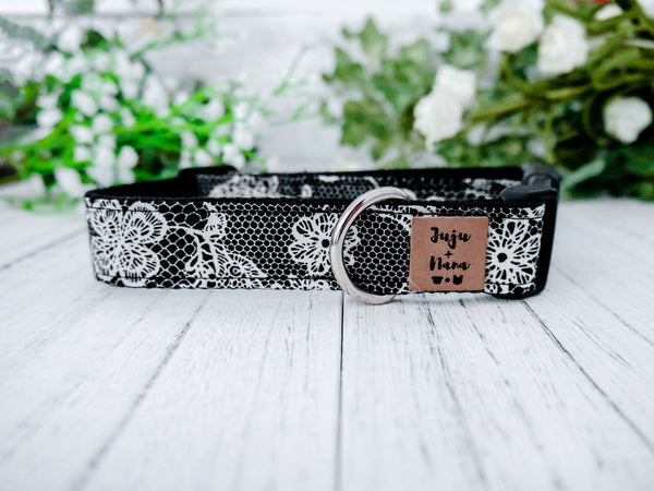Black lace Floral dog collar/ girl flower dog collar/ large small dog collar/ puppy medium collar/ female fabric designer dog collar
