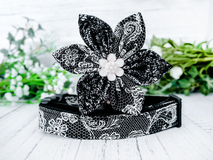 Dog collar with flower - black lace
