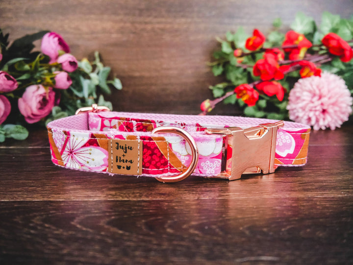 Japanese kimono floral dog collar/ designer Girl dog collar/ large flower dog collar/ Puppy Small medium dog collar/ fabric pink dog collar