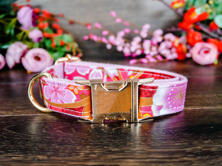 Japanese kimono floral dog collar/ designer Girl dog collar/ large flower dog collar/ Puppy Small medium dog collar/ fabric pink dog collar