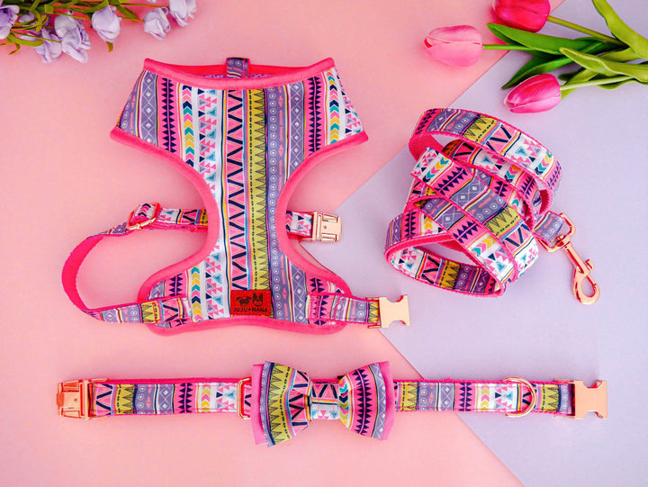 Girl Aztec dog harness vest/ Pink boho harness/ tribal ethical dog harness/ geometric southwest harness/ small medium puppy dog harness