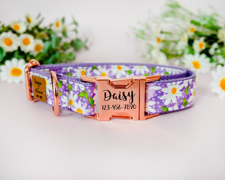 Purple daisy floral dog collar/ personalized dog collar/ Laser engraved buckle dog collar/ Girl Flower dog collar/ female custom dog collar