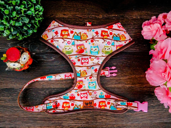 Cute owl dog harness vest/ girl pink harness/ autumn fall dog harness/ floral harness/ designer fabric harness/ puppy small medium harness