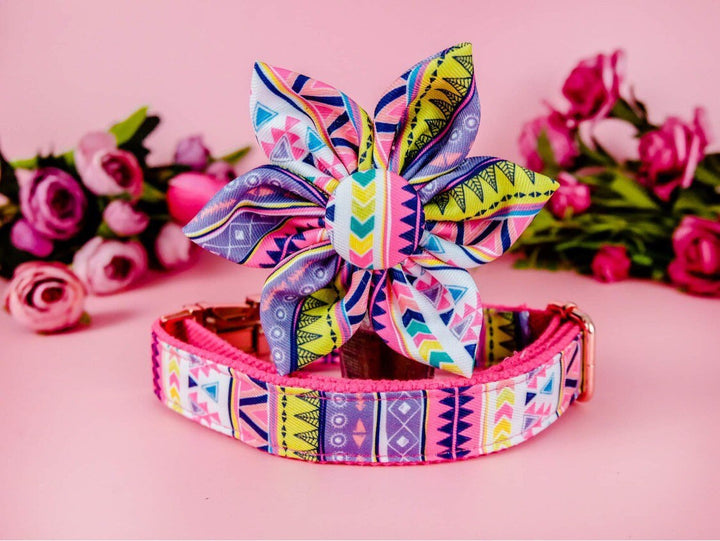 Pink Aztec dog collar with flower