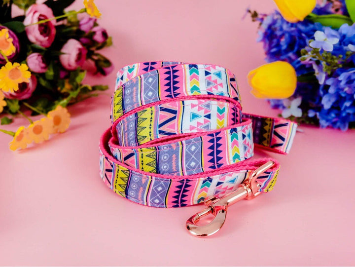 Pink Aztec dog flower collar leash set
