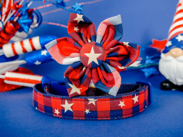 Patriotic plaid dog collar flower/ Girl star dog collar/ 4th of July collar/ large small dog collar/ American memorial day collar