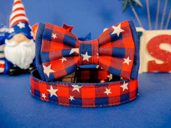 Patriotic plaid dog collar bow tie/ boy 4th of July dog collar/ star independence day dog collar/ small large collar/ memorial day collar
