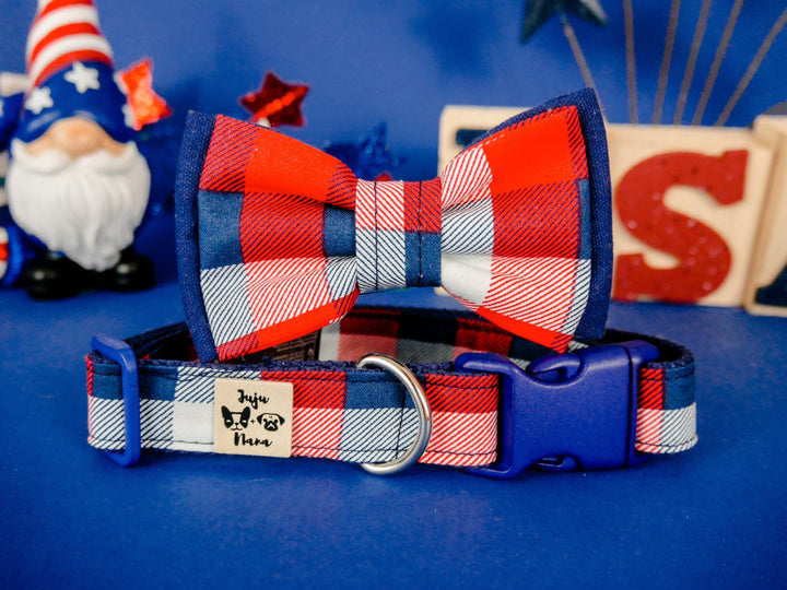Patriotic plaid dog collar bow tie/ boy dog collar/ 4th of July collar/ puppy fabric dog collar/ small large collar/ memorial day USA collar