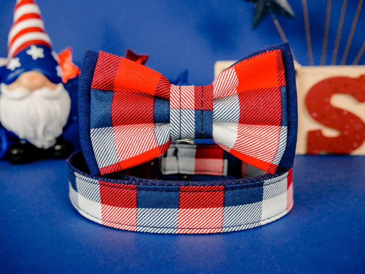 Patriotic plaid dog collar bow tie/ boy dog collar/ 4th of July collar/ puppy fabric dog collar/ small large collar/ memorial day USA collar