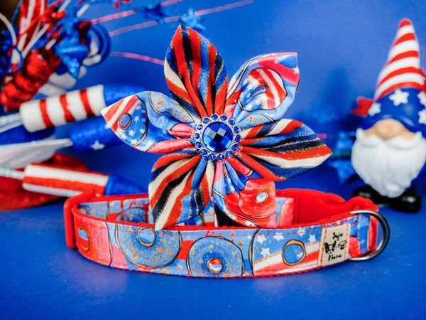 Patriotic donut dog collar flower/ cute girl dog collar/ 4th of July collar/ large small puppy collar/ Memorial day USA collar/ blue collar